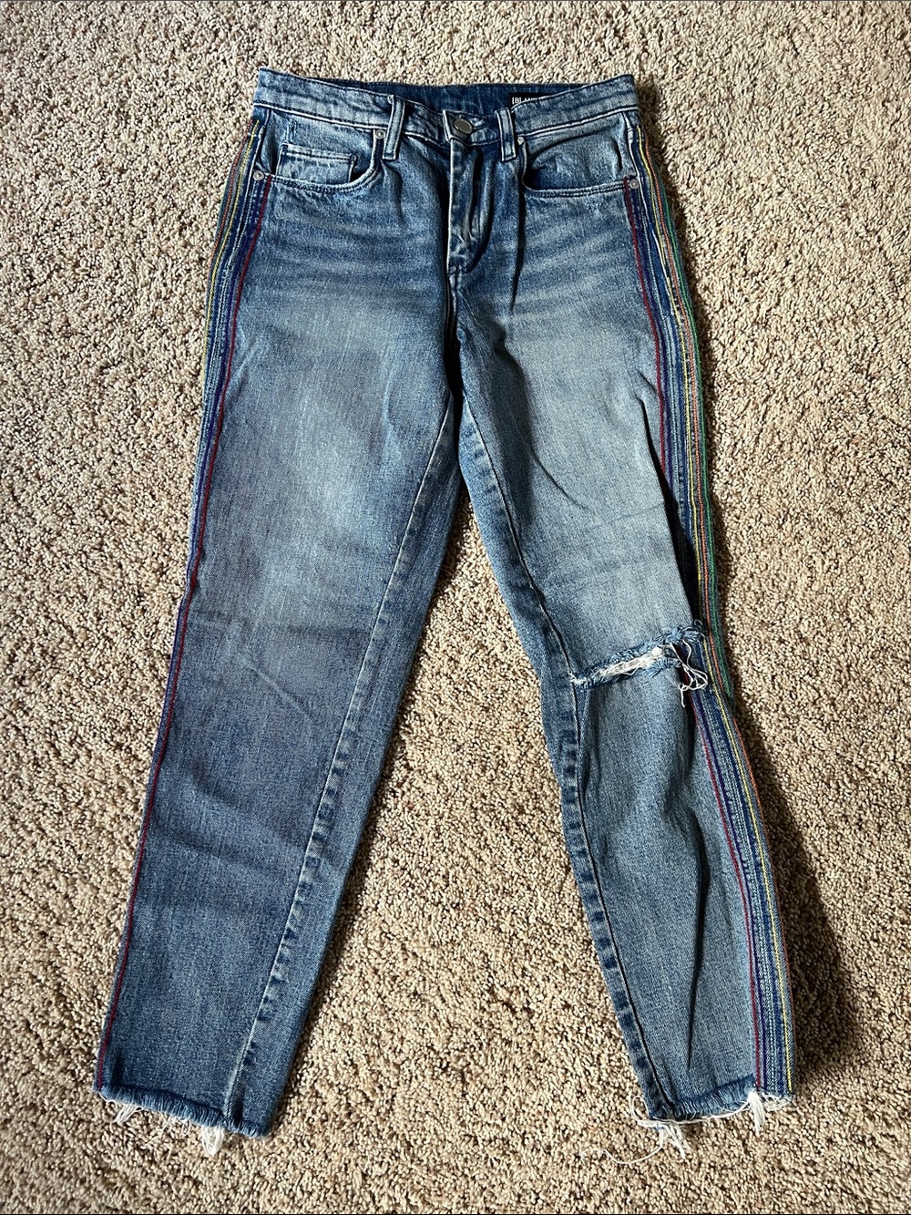 Blank NYC Blue Straight-Leg Jeans with Rainbow Side Stripes